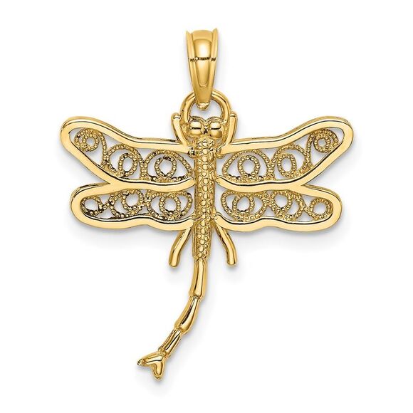 14k Yellow Gold Dragonfly w/Beaded Filigree Wings Charm